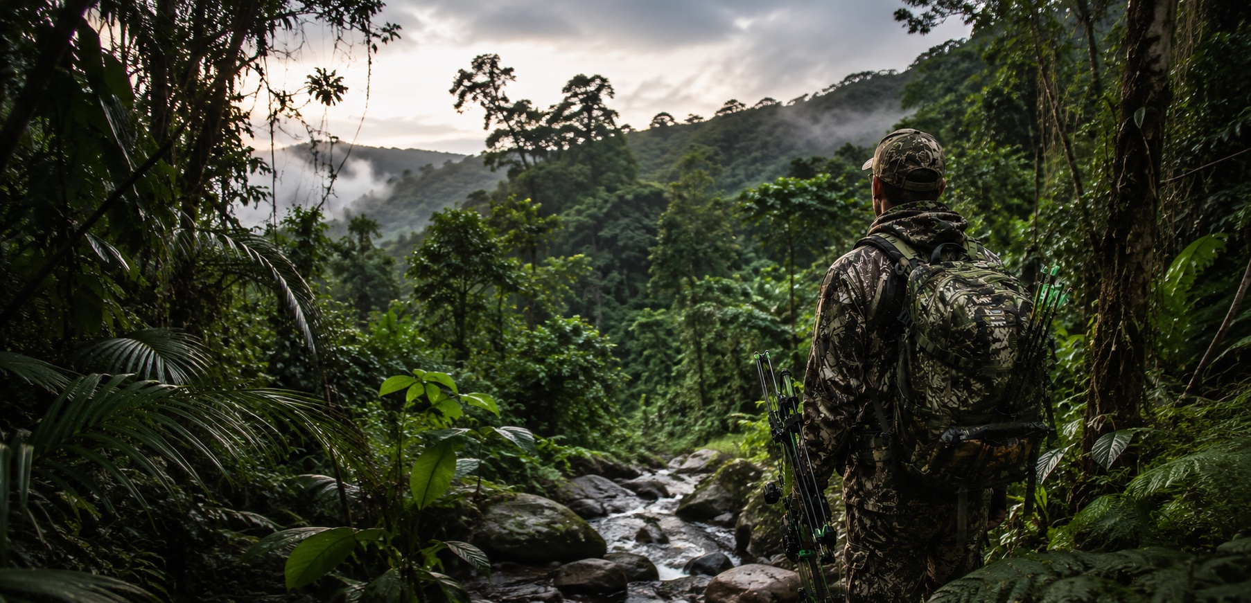 A camouflaged bowhunter looking out over a misty forested valley at dawn
